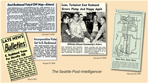 Five newspaper clippings against a beige background. The headlines from left to right say.
East Redmond voted off the map almost. East Redmond votes for Novelty Hill. Incorporation Vote Set in East Redmond. Lean turbulent East Redmond grows plump and happy again. The last clipping has a simple map on it and under the map it says some here some there. 